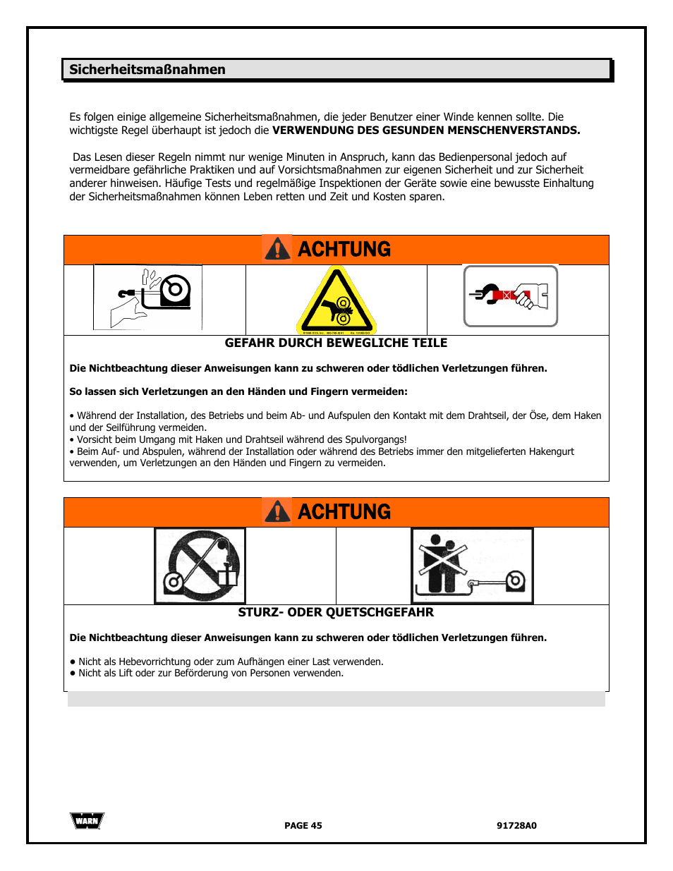 Achtung | WARN 2000 DC User Manual | Page 45 / 126