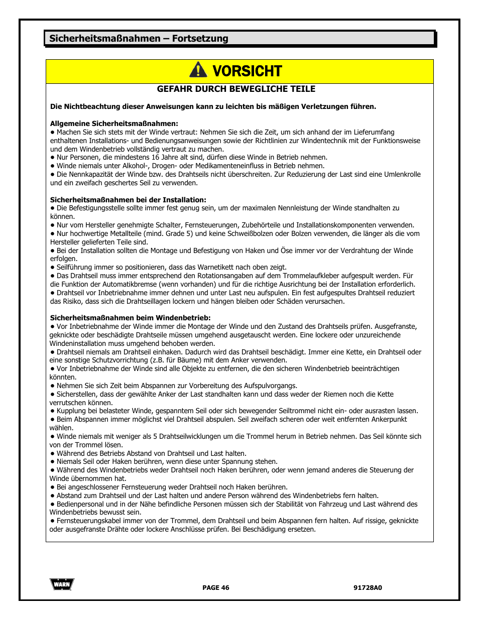 Vorsicht | WARN 2000 DC User Manual | Page 46 / 126