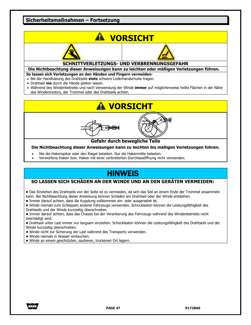 Vorsicht, Hinweis | WARN 2000 DC User Manual | Page 47 / 126