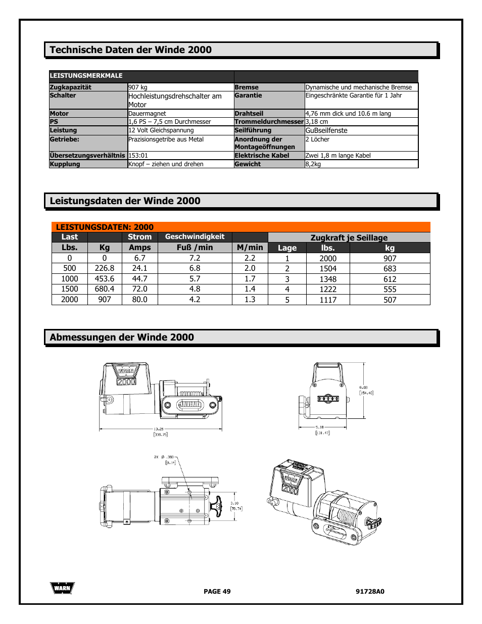 Technische daten der winde 2000, Leistungsdaten der winde 2000, Abmessungen der winde 2000 | WARN 2000 DC User Manual | Page 49 / 126