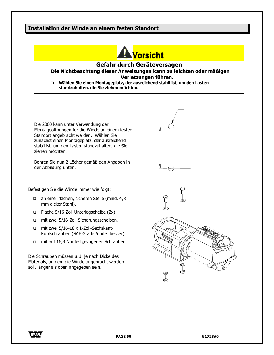 Vorsicht, Gefahr durch geräteversagen | WARN 2000 DC User Manual | Page 50 / 126