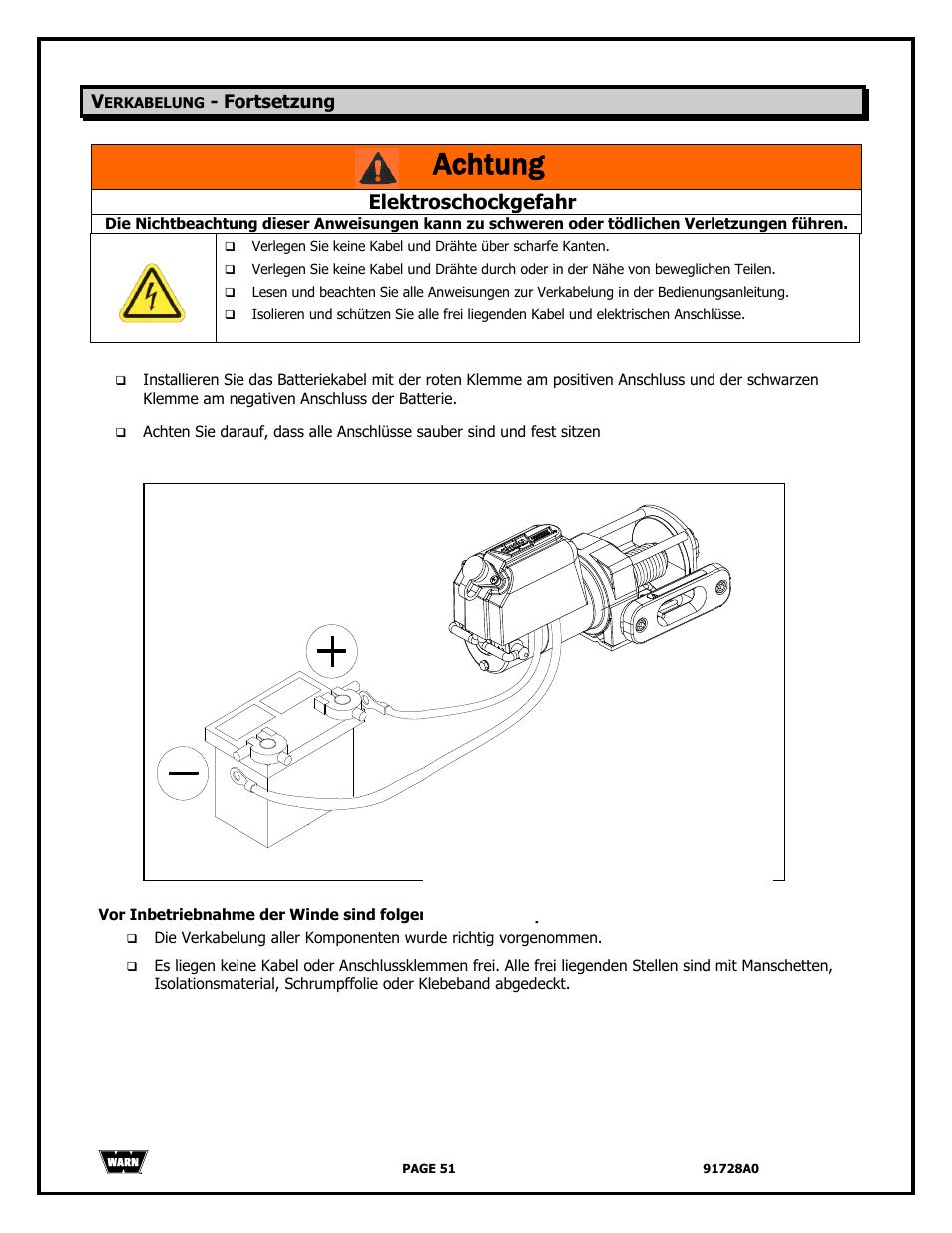 Achtung, Elektroschockgefahr | WARN 2000 DC User Manual | Page 51 / 126