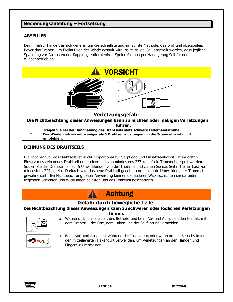 Vorsicht, Achtung, Verletzungsgefahr | Gefahr durch bewegliche teile | WARN 2000 DC User Manual | Page 54 / 126