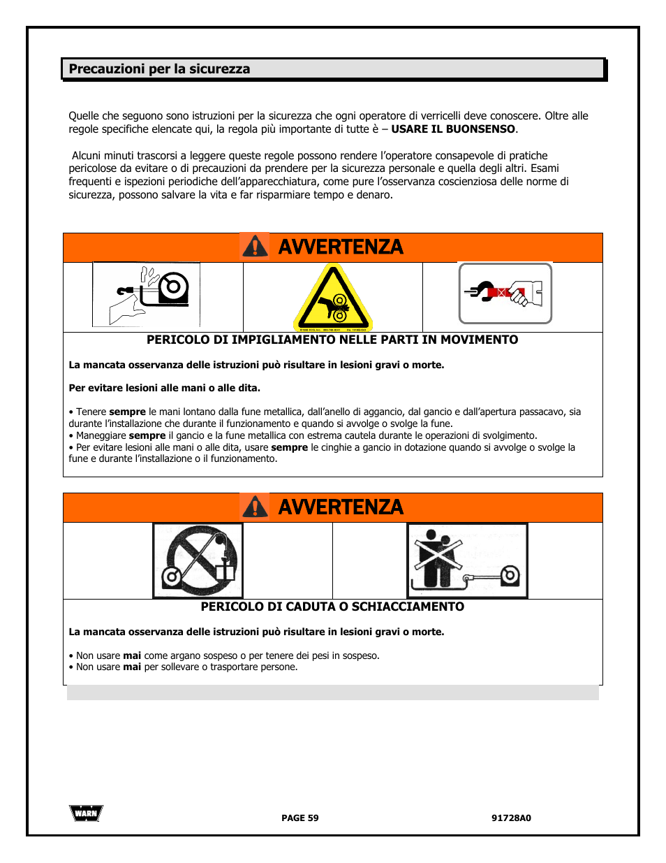 Avvertenza | WARN 2000 DC User Manual | Page 59 / 126