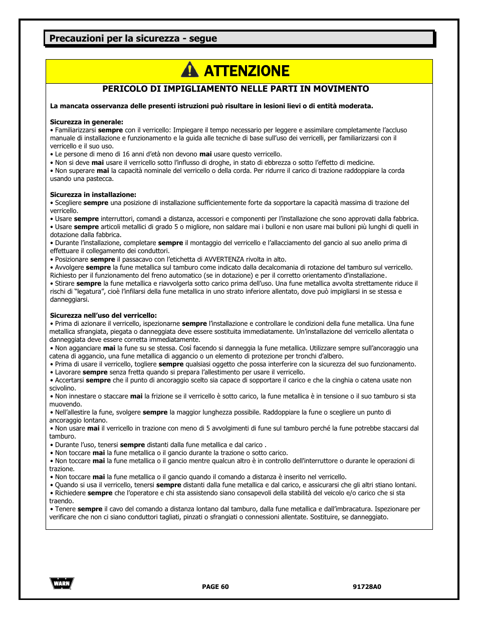 Attenzione, Precauzioni per la sicurezza - segue | WARN 2000 DC User Manual | Page 60 / 126
