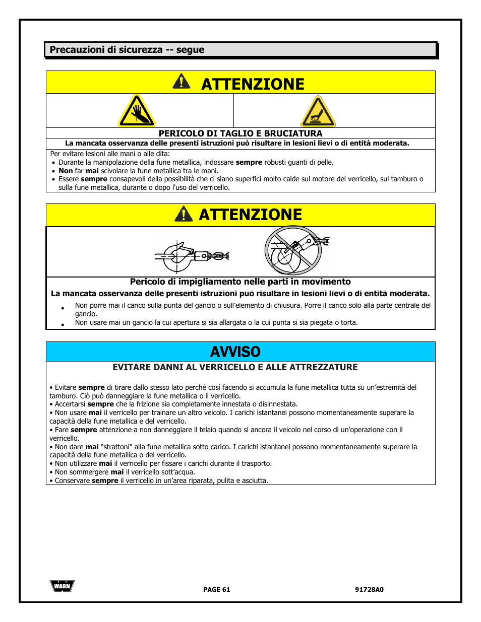 Attenzione, Avviso | WARN 2000 DC User Manual | Page 61 / 126