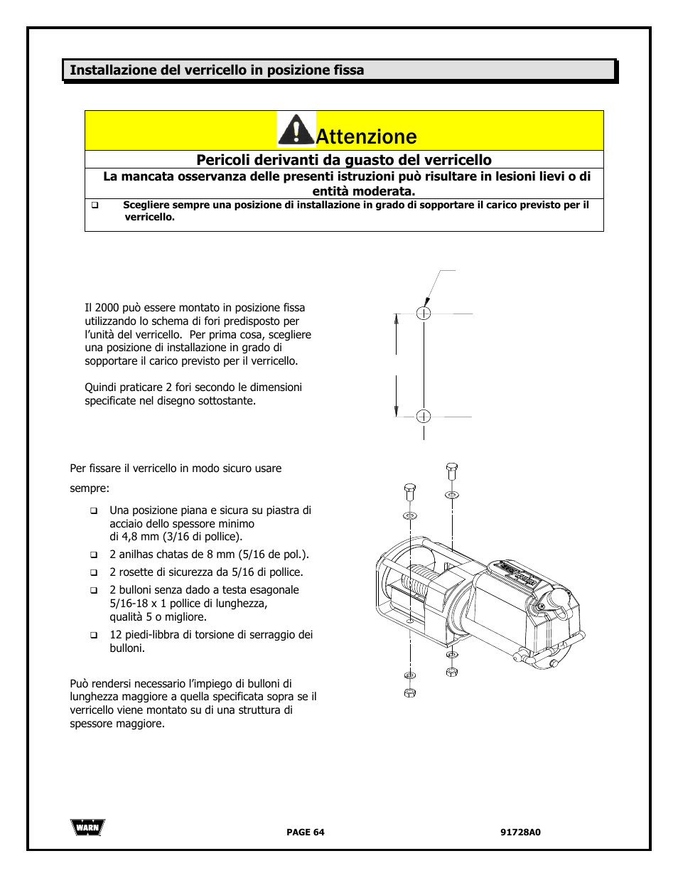Attenzione, Pericoli derivanti da guasto del verricello | WARN 2000 DC User Manual | Page 64 / 126