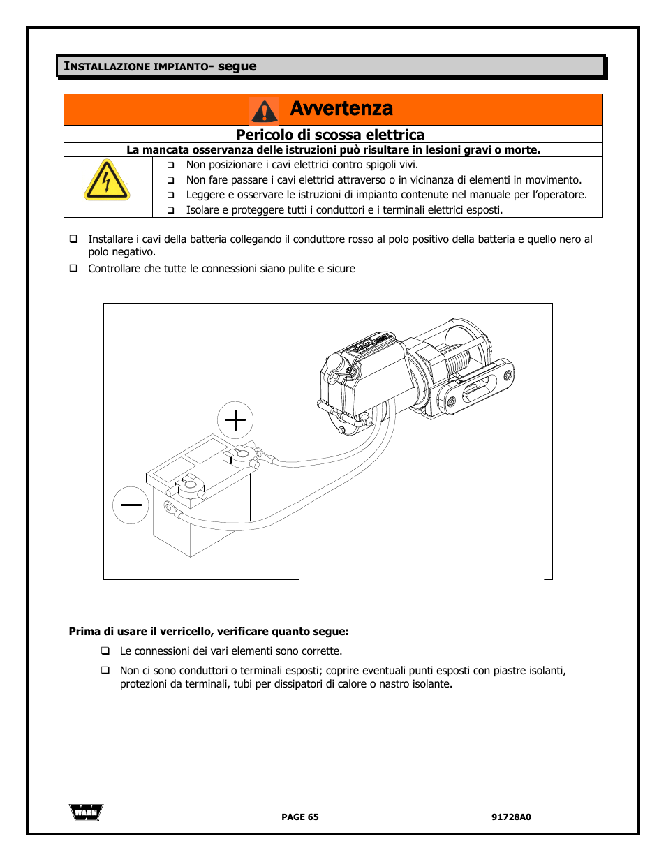 Avvertenza, Pericolo di scossa elettrica | WARN 2000 DC User Manual | Page 65 / 126