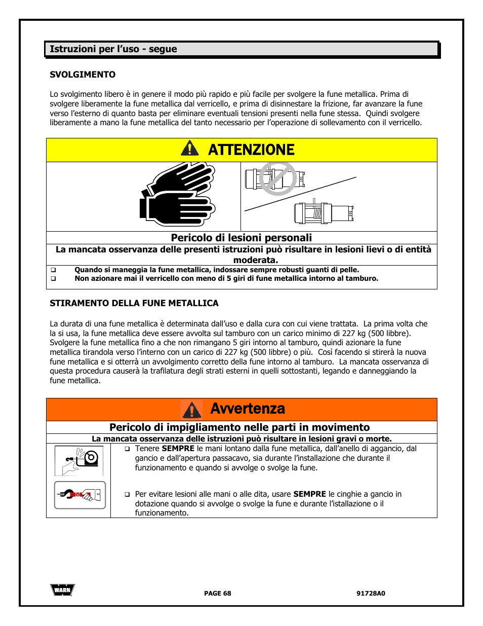 Attenzione, Avvertenza, Pericolo di lesioni personali | Pericolo di impigliamento nelle parti in movimento | WARN 2000 DC User Manual | Page 68 / 126