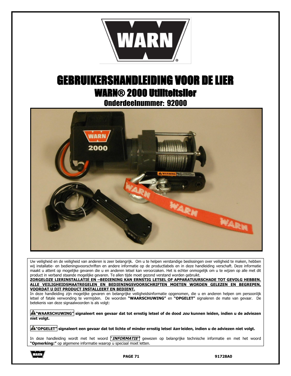 Gebruikershandleiding voor de lier, Warn® 2000 utiliteitslier | WARN 2000 DC User Manual | Page 71 / 126