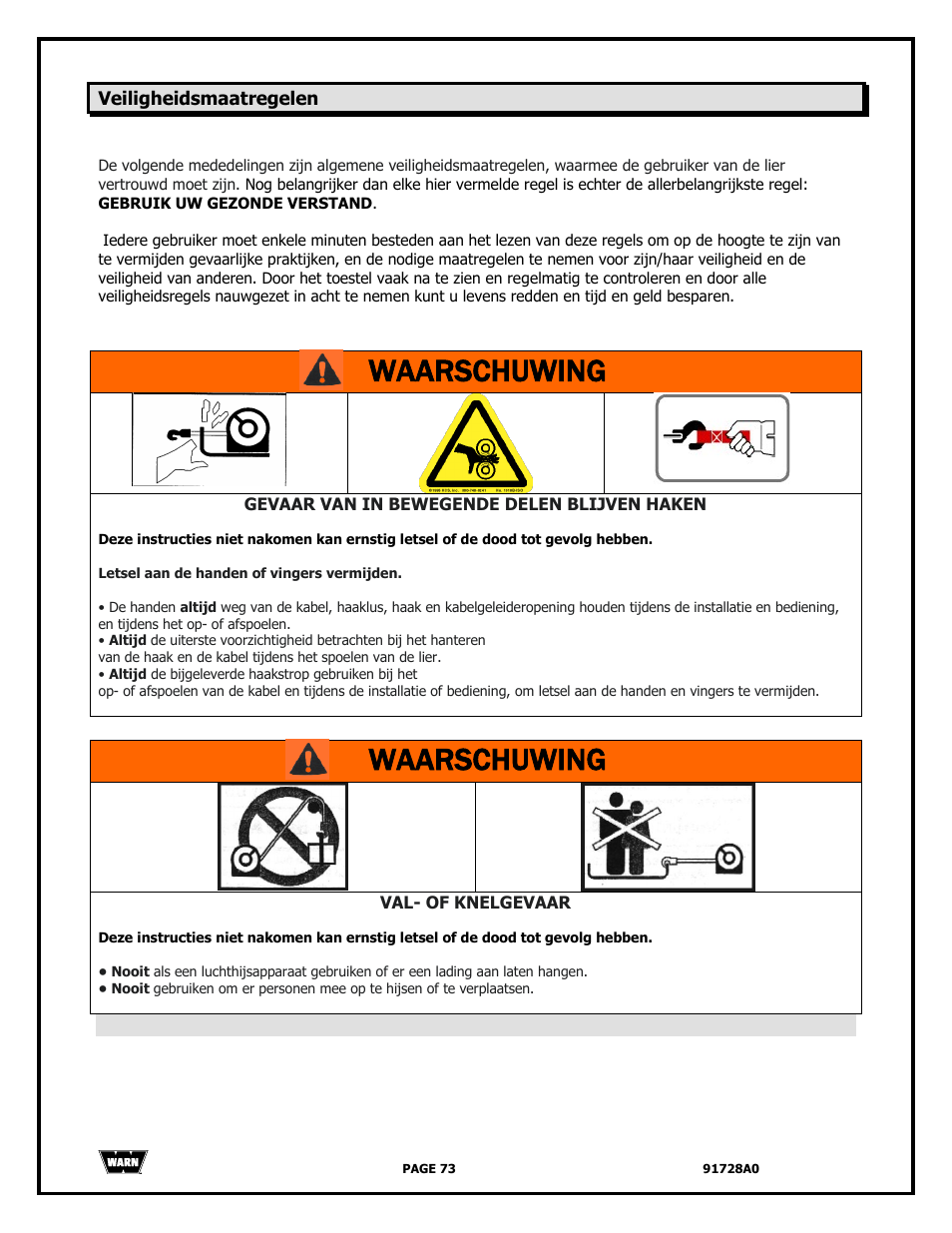 Waarschuwing | WARN 2000 DC User Manual | Page 73 / 126