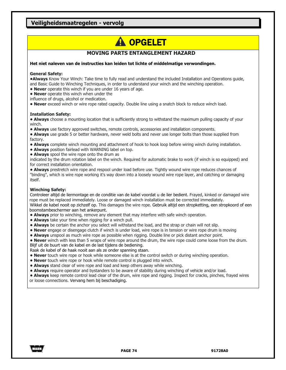 Opgelet, Veiligheidsmaatregelen - vervolg | WARN 2000 DC User Manual | Page 74 / 126