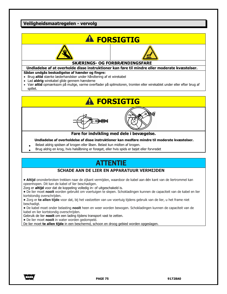 Forsigtig, Attentie | WARN 2000 DC User Manual | Page 75 / 126