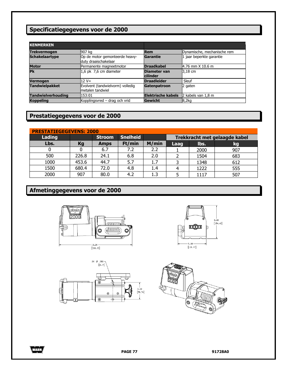 Specificatiegegevens voor de 2000, Prestatiegegevens voor de 2000, Afmetinggegevens voor de 2000 | WARN 2000 DC User Manual | Page 77 / 126