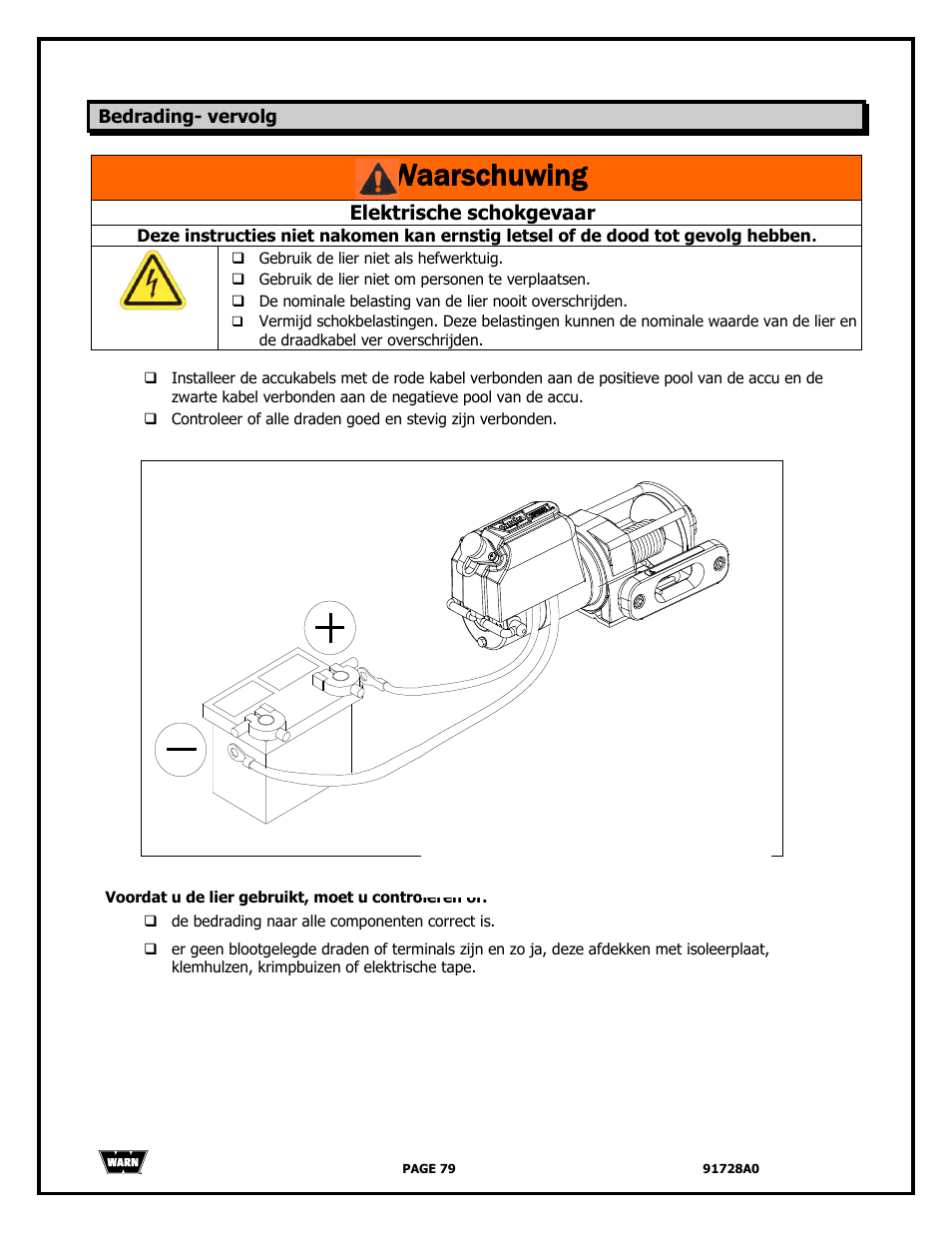 Waarschuwing, Elektrische schokgevaar | WARN 2000 DC User Manual | Page 79 / 126
