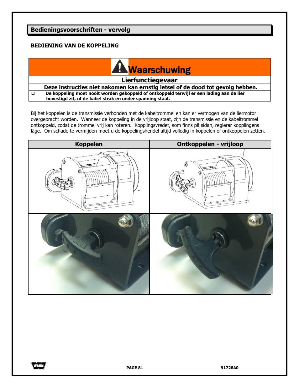 Waarschuwing, Lierfunctiegevaar | WARN 2000 DC User Manual | Page 81 / 126