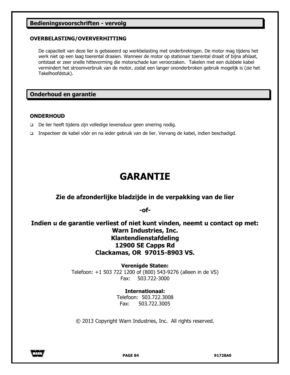 Garantie | WARN 2000 DC User Manual | Page 84 / 126