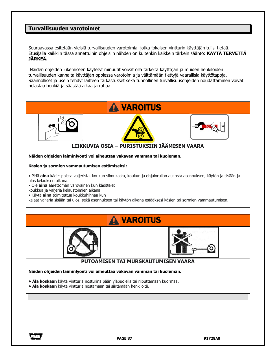 Varoitus | WARN 2000 DC User Manual | Page 87 / 126