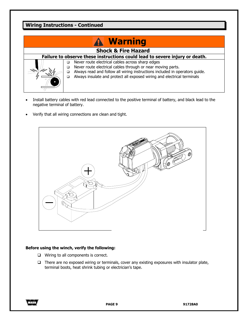 Warning, Shock & fire hazard, Wiring instructions - continued | WARN 2000 DC User Manual | Page 9 / 126