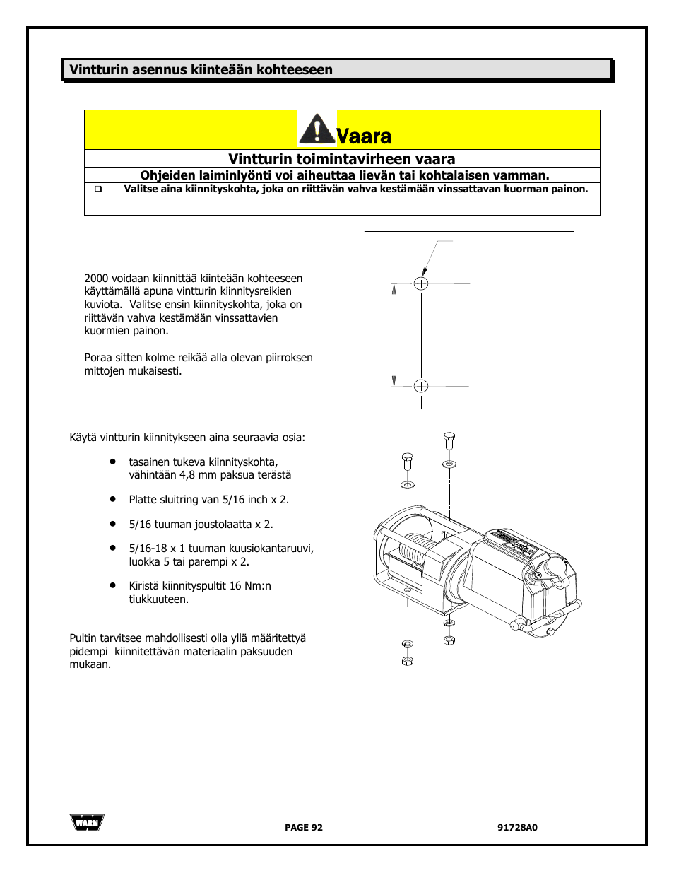 Vaara, Vintturin toimintavirheen vaara | WARN 2000 DC User Manual | Page 92 / 126