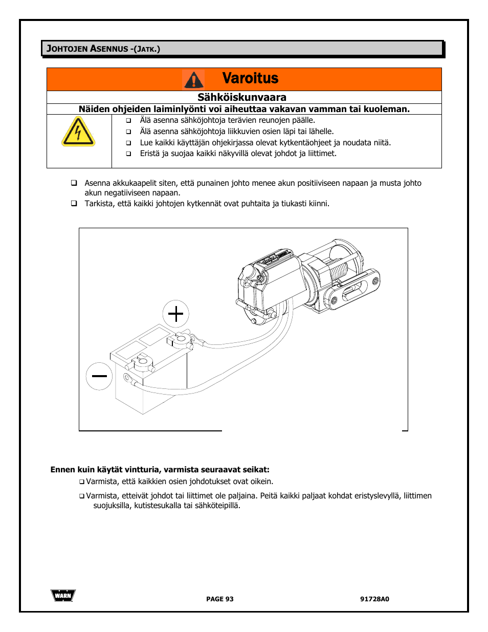 Varoitus, Sähköiskunvaara | WARN 2000 DC User Manual | Page 93 / 126