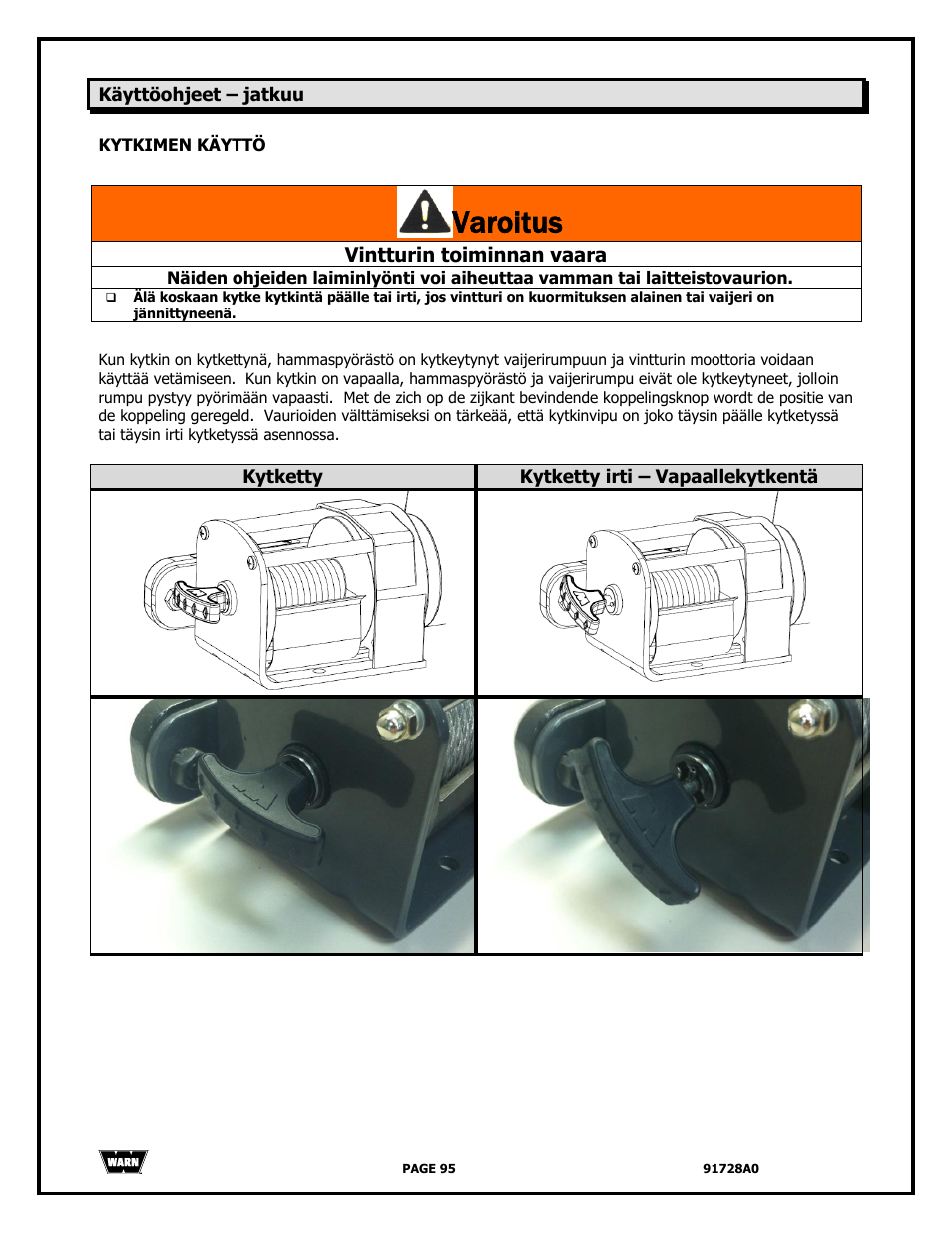 Varoitus, Vintturin toiminnan vaara | WARN 2000 DC User Manual | Page 95 / 126