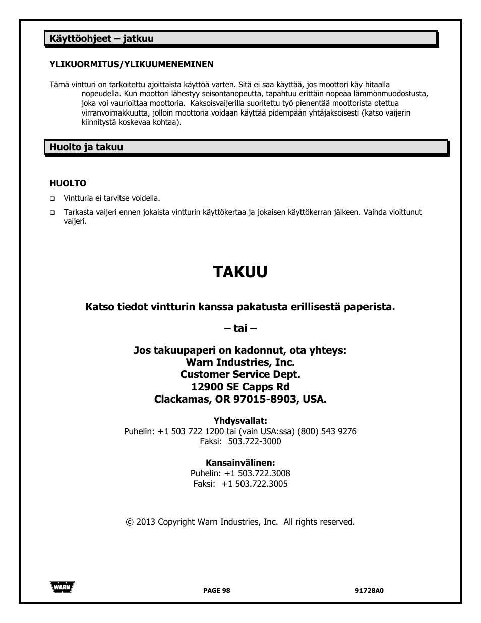 Takuu | WARN 2000 DC User Manual | Page 98 / 126