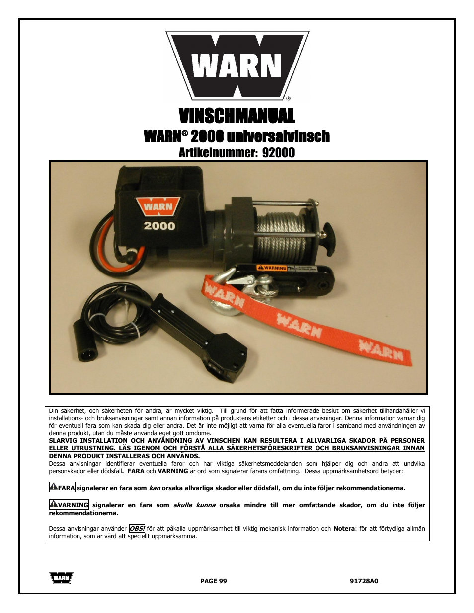 Vinschmanual, Warn, 2000 universalvinsch | WARN 2000 DC User Manual | Page 99 / 126