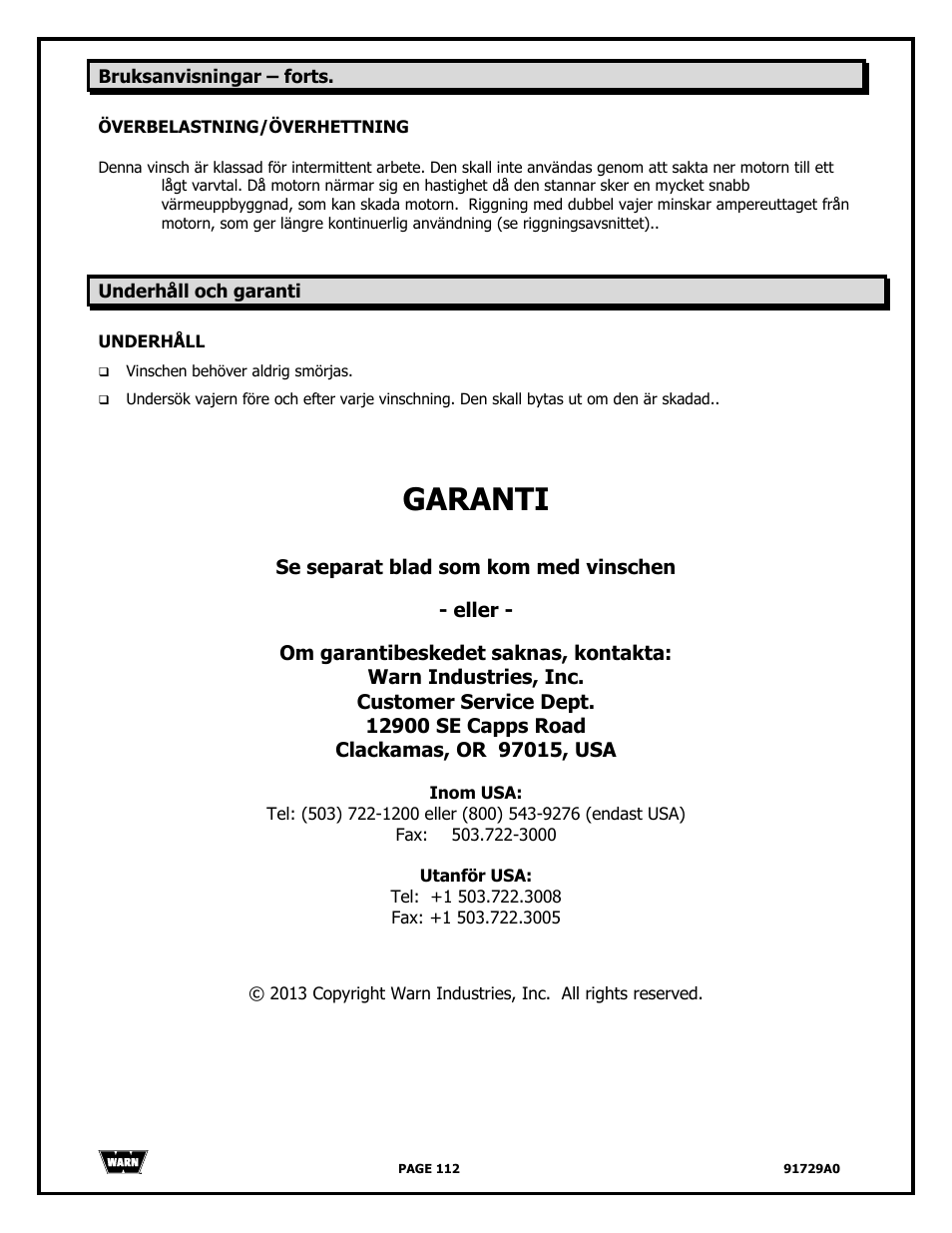 Garanti | WARN 4000 DC User Manual | Page 112 / 126