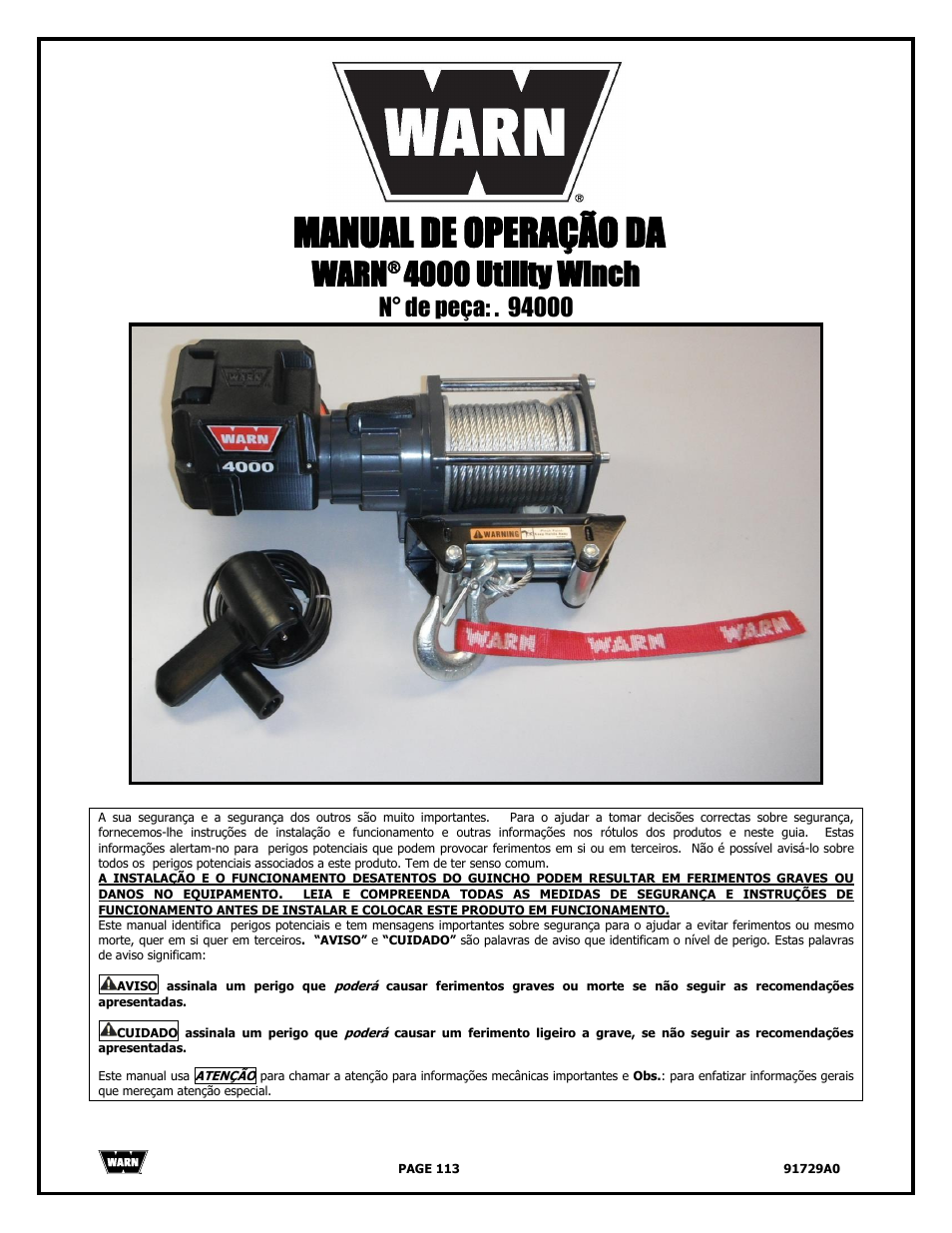 Manual de operação da, Warn, 4000 utility winch | WARN 4000 DC User Manual | Page 113 / 126