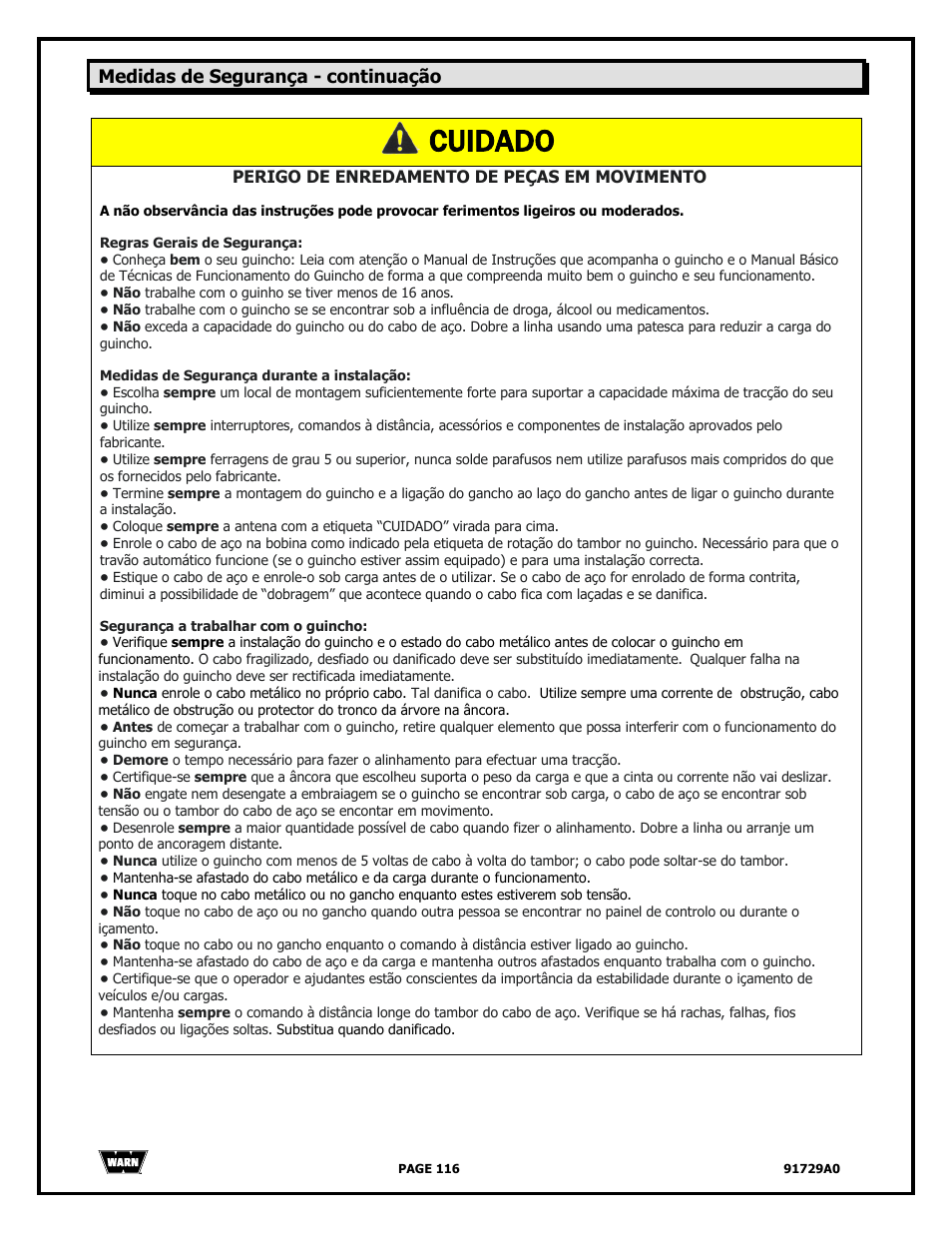 Cuidado, Medidas de segurança - continuação | WARN 4000 DC User Manual | Page 116 / 126