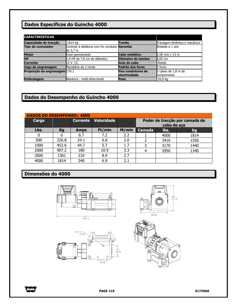 Dados específicos do guincho 4000, Dados do desempenho do guincho 4000, Dimensões do 4000 | WARN 4000 DC User Manual | Page 119 / 126