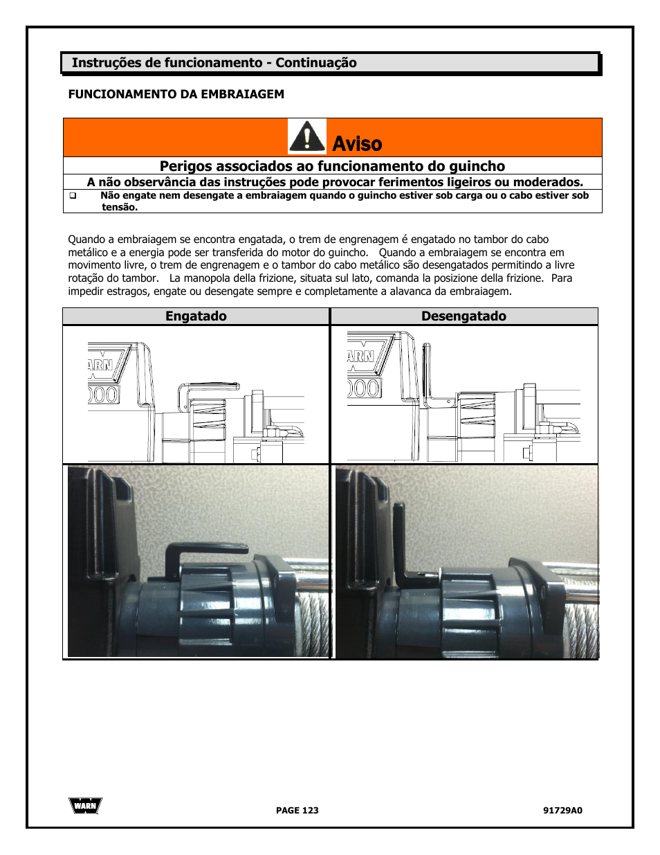 Aviso, Perigos associados ao funcionamento do guincho | WARN 4000 DC User Manual | Page 123 / 126