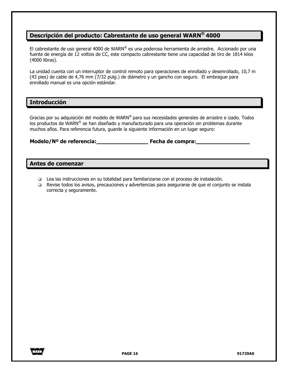 WARN 4000 DC User Manual | Page 16 / 126