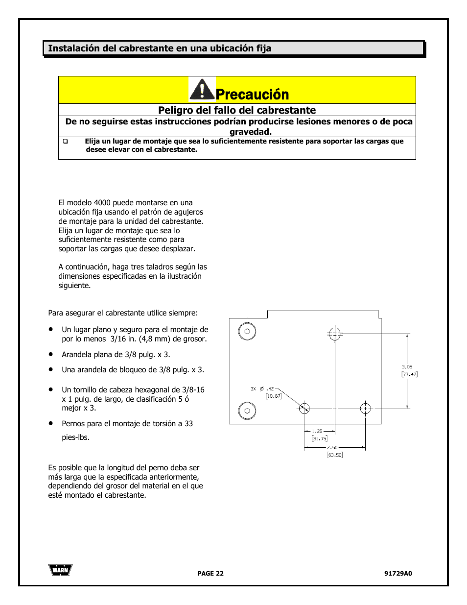 Precaución, Peligro del fallo del cabrestante | WARN 4000 DC User Manual | Page 22 / 126