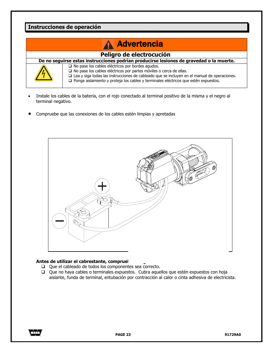 Advertencia, Peligro de electrocución | WARN 4000 DC User Manual | Page 23 / 126