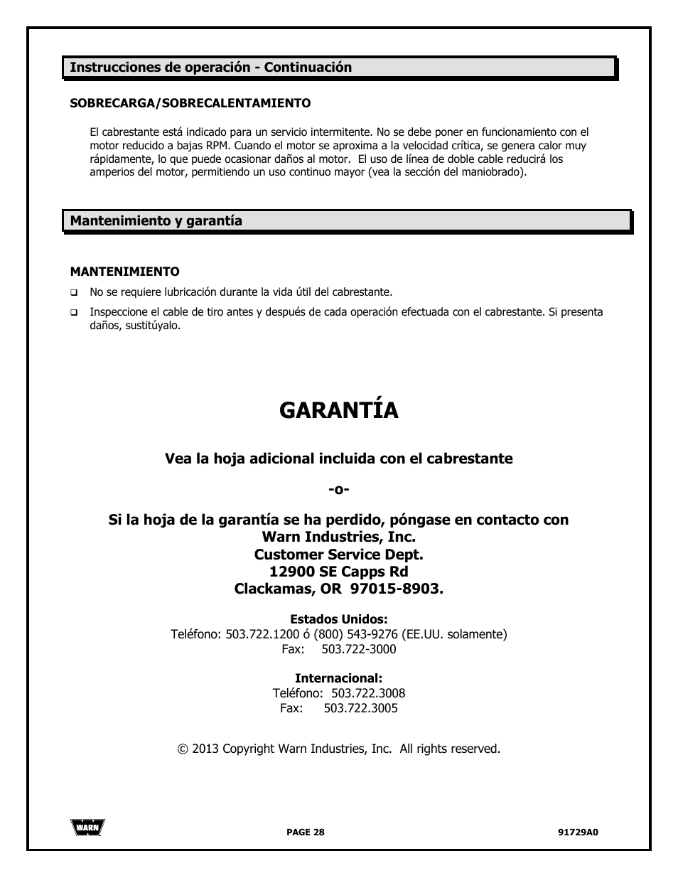 Garantía | WARN 4000 DC User Manual | Page 28 / 126