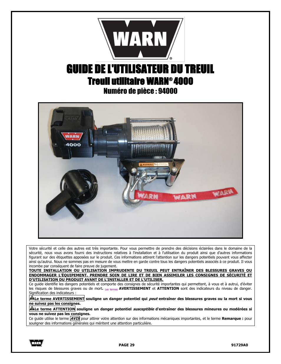 Guide de l'utilisateur du treuil, Treuil utilitaire warn | WARN 4000 DC User Manual | Page 29 / 126