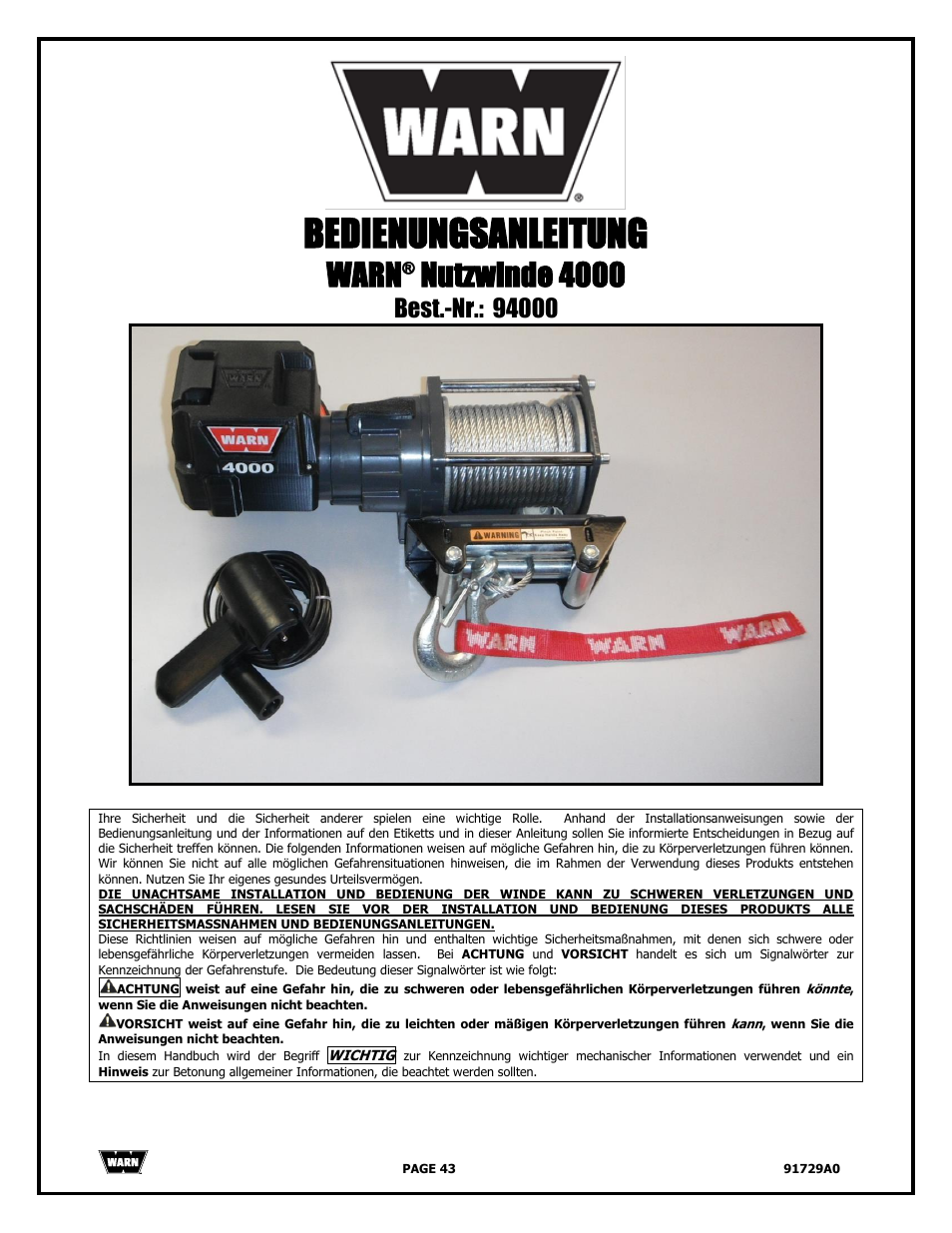 Bedienungsanleitung, Warn, Nutzwinde 4000 | WARN 4000 DC User Manual | Page 43 / 126