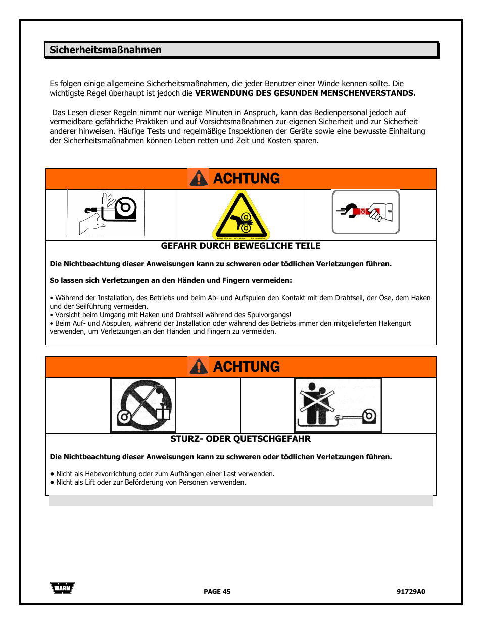 Achtung | WARN 4000 DC User Manual | Page 45 / 126