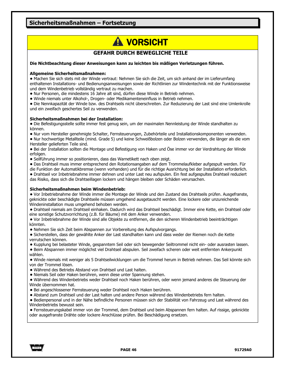 Vorsicht | WARN 4000 DC User Manual | Page 46 / 126