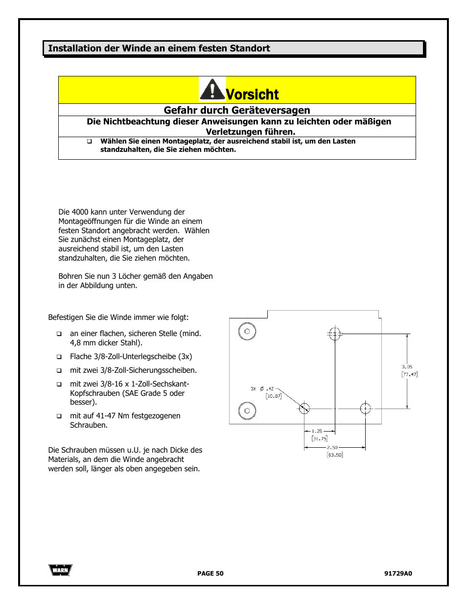 Vorsicht, Gefahr durch geräteversagen | WARN 4000 DC User Manual | Page 50 / 126