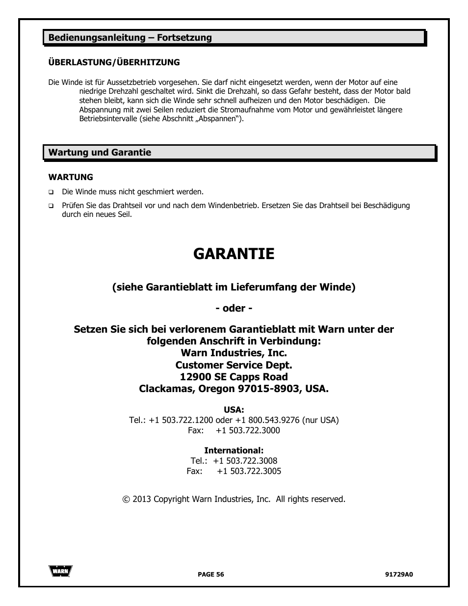 Garantie | WARN 4000 DC User Manual | Page 56 / 126