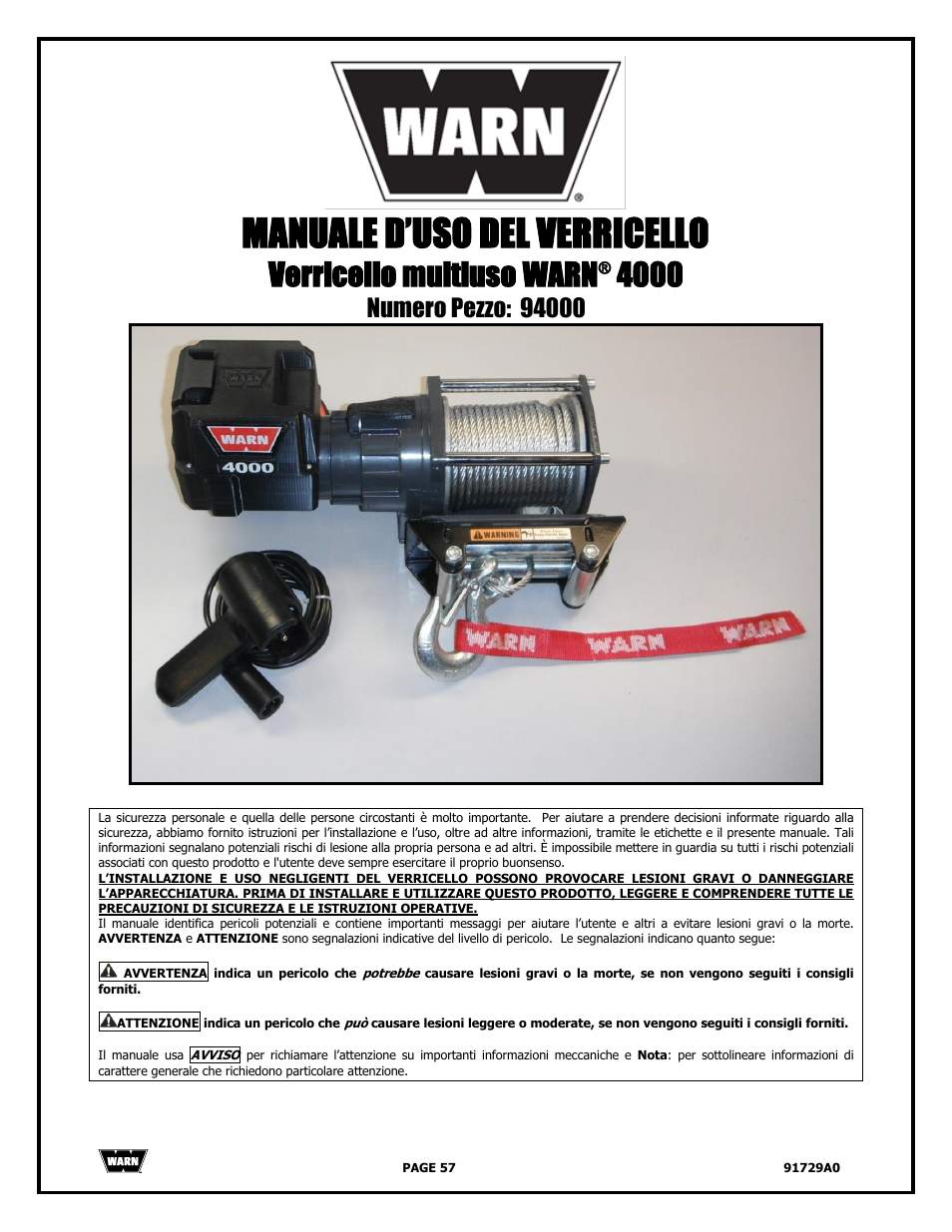 Manuale d’uso del verricello, Verricello multiuso warn | WARN 4000 DC User Manual | Page 57 / 126