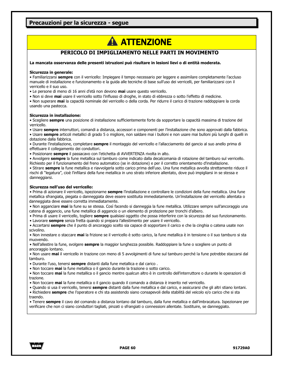 Attenzione, Precauzioni per la sicurezza - segue | WARN 4000 DC User Manual | Page 60 / 126