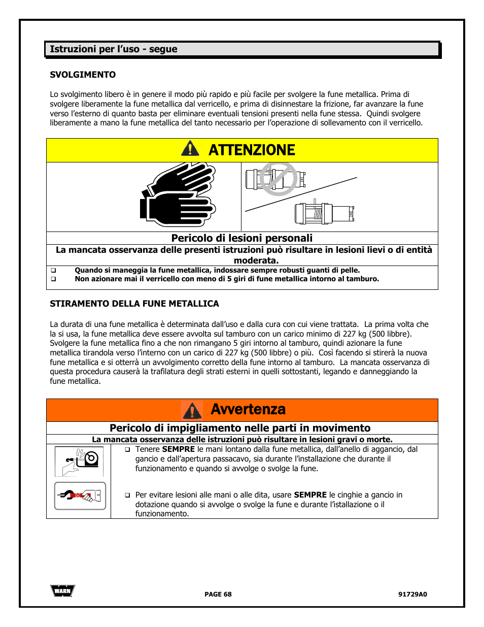 Attenzione, Avvertenza, Pericolo di lesioni personali | Pericolo di impigliamento nelle parti in movimento | WARN 4000 DC User Manual | Page 68 / 126