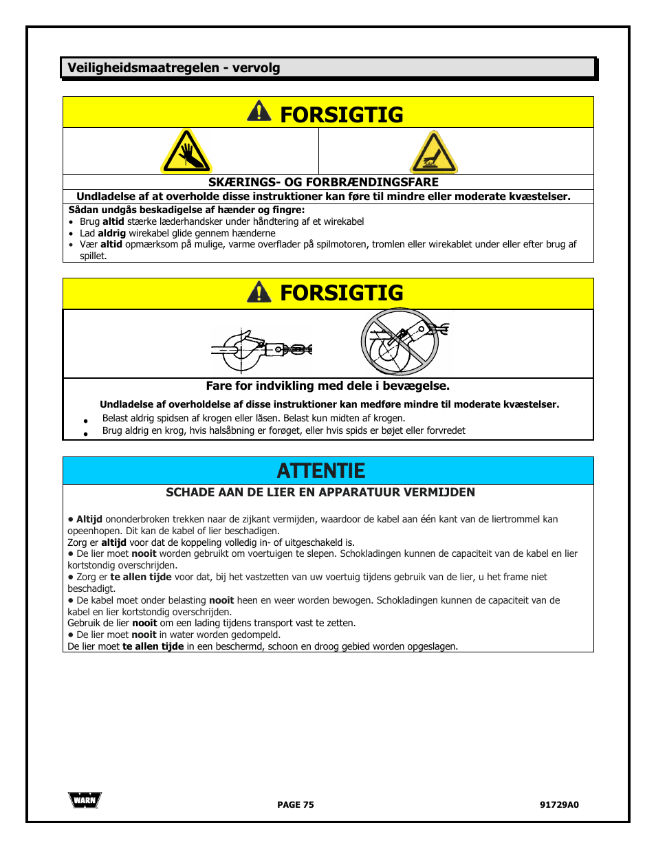 Forsigtig, Attentie | WARN 4000 DC User Manual | Page 75 / 126