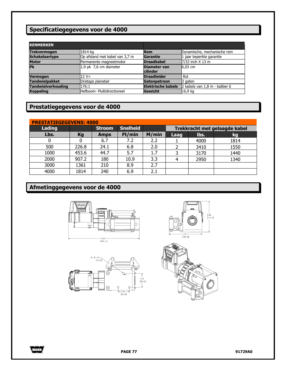 Specificatiegegevens voor de 4000, Prestatiegegevens voor de 4000, Afmetinggegevens voor de 4000 | WARN 4000 DC User Manual | Page 77 / 126