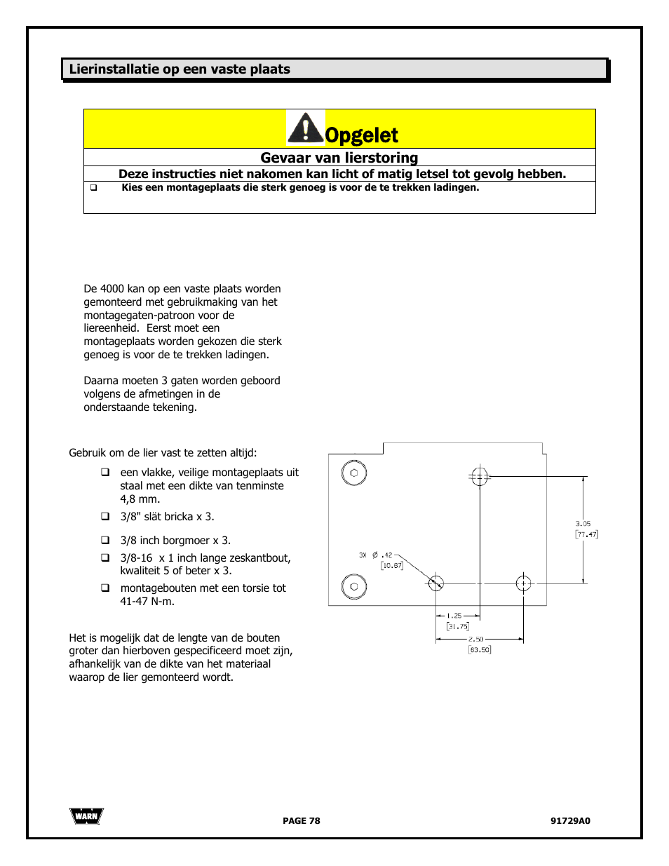 Opgelet, Gevaar van lierstoring | WARN 4000 DC User Manual | Page 78 / 126