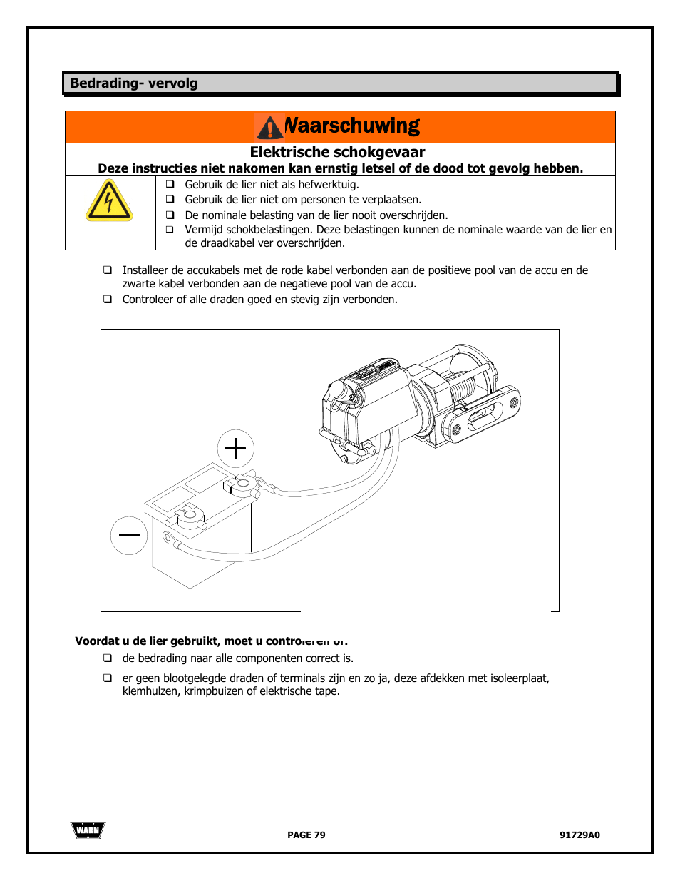 Waarschuwing, Elektrische schokgevaar | WARN 4000 DC User Manual | Page 79 / 126